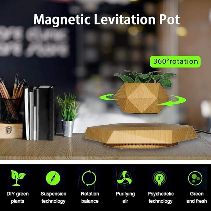 Floating air plant pot, magnetic levitation pot air creative ornaments, hanging wood grain potted plant bonsai for office, reception, home