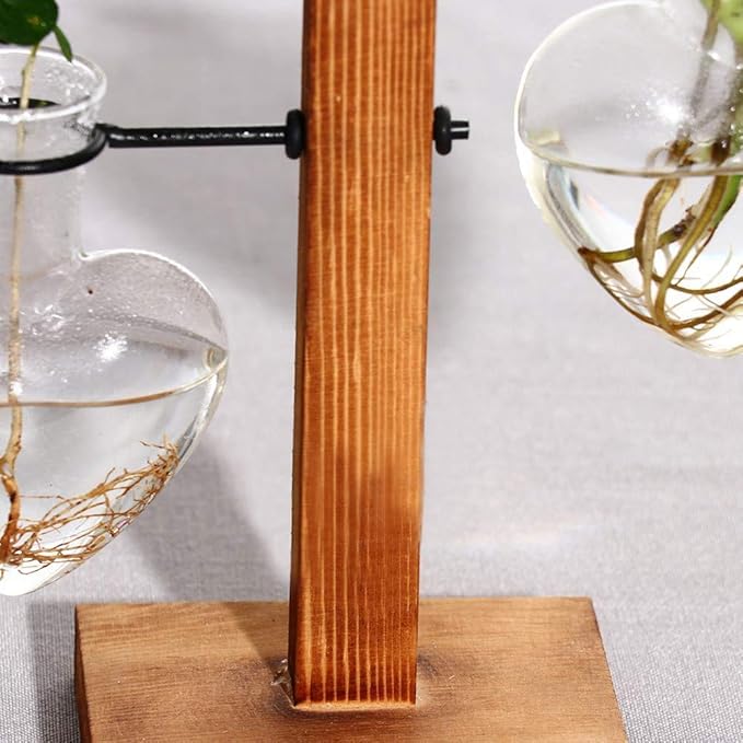 Kingbuy Heart Shaped Glass Hydroponic Vase with Retro Wooden Stand - Desktop Plant Terrarium for Bulb Planter, Water Plant Propagation Glass Vase Pot Planter Flower Desktop Decoration Home Garden