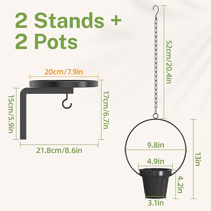 iDavosic.ly Wall Plant Holder Set of 2 for Outdoor with 2 Hanging Planters, Metal Hanger with 2 Hooks, Floating Flower Display Stand for Window, Space Saving & Easy to Assemble