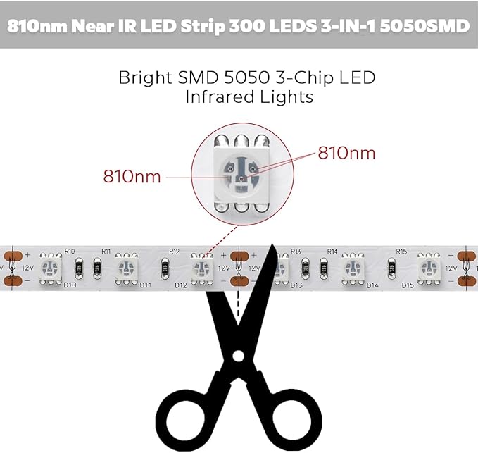 12 Volt 810nm Infrared LED Strip Light, 5m/16.4ft 72W IP20 Non-Waterproof Flexible Cuttable NIR Light LED Tape, 810 nm LED Tape Light (810nm, 300 LEDs, 5050 SMD)