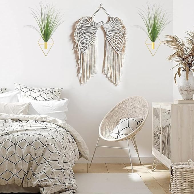Hanging Planters with Artificial Plants, 2pcs Diamond Shape Metal Hanging Vase with Artificial Shrubs Wheat Grass Greenery Indoor Plants Holder Wall Decor for Home Living Room Bedroom Office (Gold)
