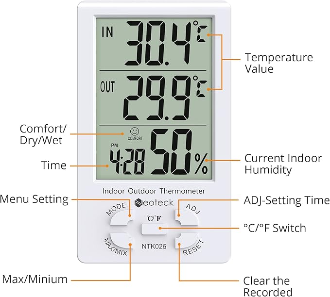 Neoteck 3 in 1 Thermometer Hygrometer with Clock Large LCD Display, Digital Humidity Temperature Meter 1.5m Sensor Wire for Indoor Outdoor Use