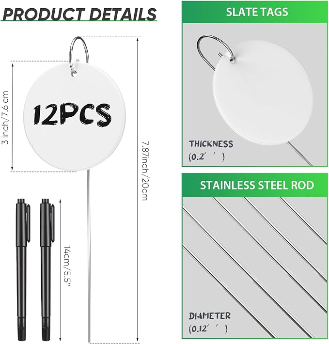 CroBlissful 12 Pcs Plant Labels Ceramic Garden Sign Markers 3 Inch Round Garden Labels Reusable Waterproof Ceramic Plant Sign Tags with Stainless Steel Stake and Pen for Flower Vegetable Potted Plant