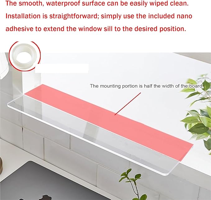 Window Sill Cover, Extension Shelves with Double-Sided Adhesive, Clear Acrylic, 0.19" Thick, Waterproof Windowsill Organizer/Windows Plant Shelf, for Kitchen Organization Storage(40x25cm)
