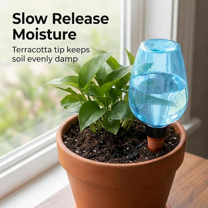 4 pcs Self Watering Globes for Indoor Plants - Top-Fill 11.8oz Blue Plant Watering Devices for Vacation, Plastic Watering Bulbs with Terracotta Spikes
