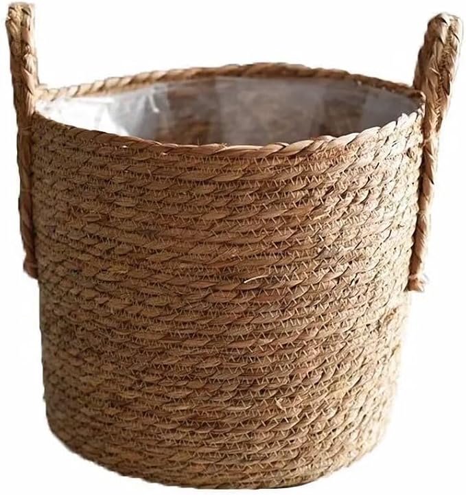 Kerio Seagrass Planter Basket Straw Plant Basket Woven Flower Plant Pot Plant Containers with Plastic Liner for Indoor Plants Laundry Room 9.8Inch