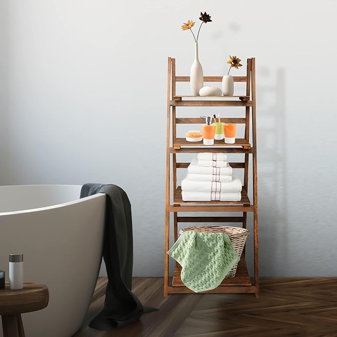 Funkeen 4 Tier Wooden Ladder Shelf, Decorative Freestanding Leaning Display Bookshelf, Folding Indoor & Outdoor Plant Stand Rustic Storage Rack Shelves for Living Room, Bathroom, Balcony, Kitchen