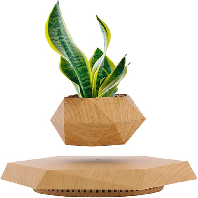 Levitating Plant Pot, Magnetic Levitation Flower Pot,Hexagon Suspension Floating Plant Pot,Automatic 360° Rotation,Magnetic Levitation Suspension Floating Pot(Wood Grain)