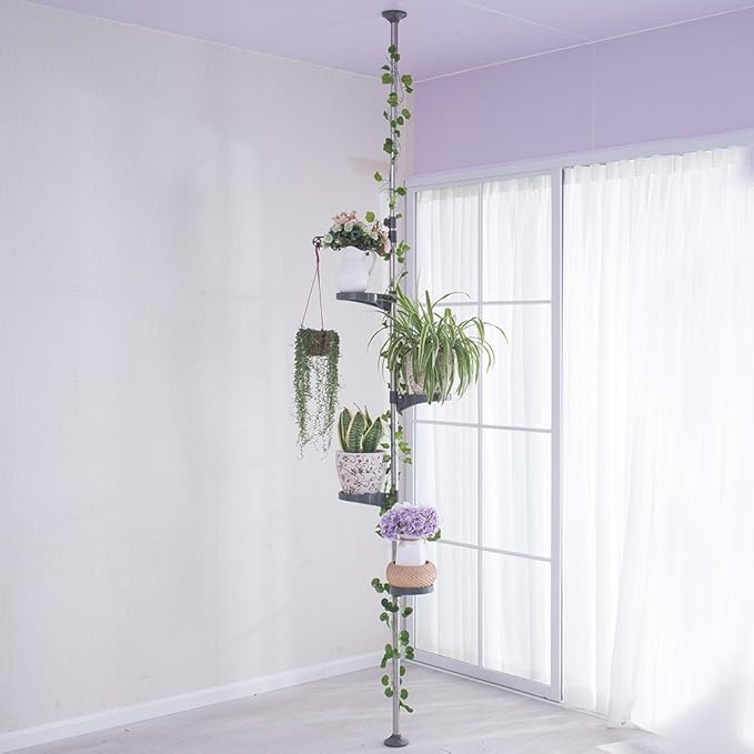 BAOYOUNI 5-Layer Tension Pole Plant Stands Indoor Metal Flower Display Rack Space Saver Floral Pot Hanging Shelf ,Grey