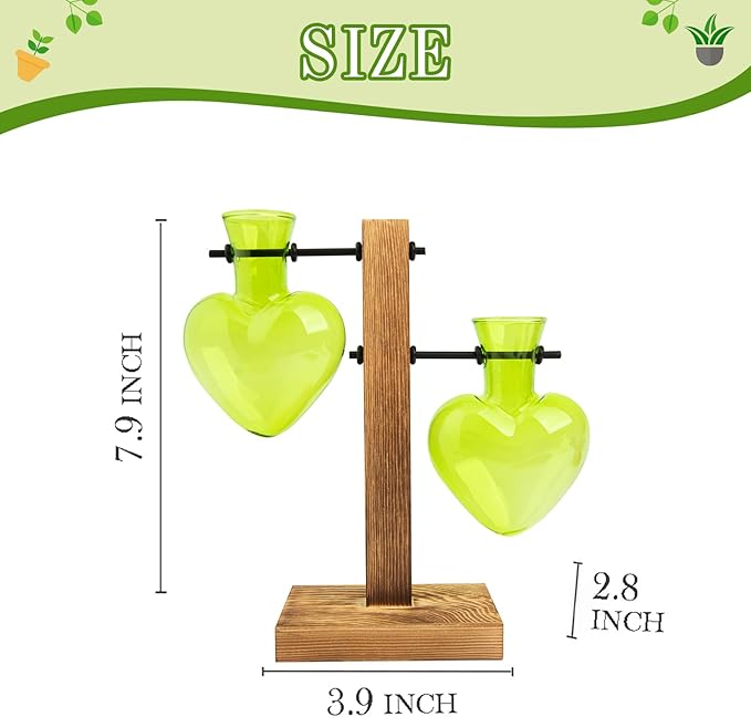 XXXFLOWER Plant Terrarium Wooden Stand, Hydroponic Planter Bulb Glass Metal Swivel Holder Retro Air Plants Water Plants for Home Office Decoration Gifts for Plant Lover Mom- 2 Green Love Bulb Vase