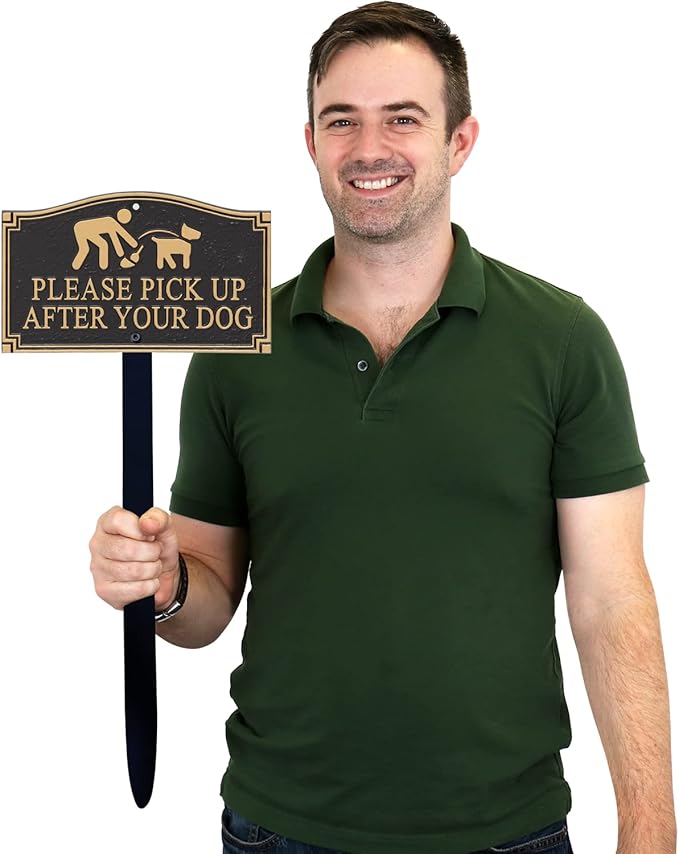 SmartSign Please Pick Up After Your Dog Sign for Yard | 5.75" x 9.5" Aluminum GardenBoss Statement Plaque with 18" Black Lawn Stake, Premium/Designer, Made in USA