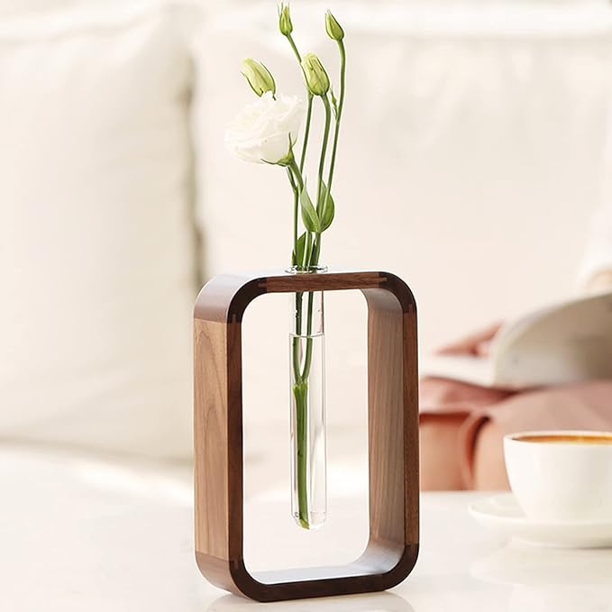 Transprent Glass Vase Test Tube Vase Hydrophilic Plants Vase Plant Holder Walnut Wooden Frame Flower Stand Table Garden Bonsai Decor,Gifts for Women, Home Office Decor Planter (Small)
