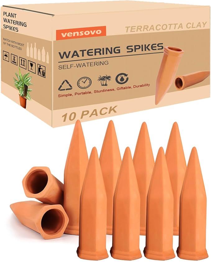 vensovo 10pcs Terracotta Watering Spikes - Automatic Self Watering Stakes, Plant Watering Devices for Wine Bottles Recycled Bottles, Clay Plant Garden Waterers for Vacations