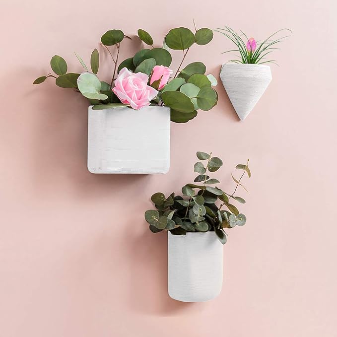 Resin Planters Geometric Wall Planters Indoor Plant Pots Colorful Wall-mounted Flower Pots Vertical Plant Container Air Plant Holder Wall Vase for Cactus Succulents Herbs and More … (3 White)