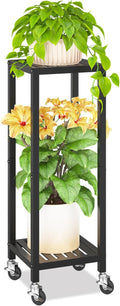 KMOTASUO 2 Tier Black Tall Plant Stand with Wheel for Indoor Outdoor, Heavy Duty Metal Multiple Large Planter Rack for Narrow Corner, Sturdy Iron Vertical Flower Holder for Modern House Patio Bathroom