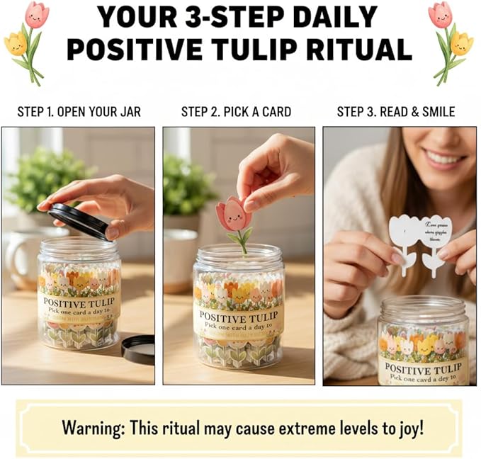Positive Tulip Jar with 60 Affirmation Cards, Inspirational Gifts and Teacher Desk Decor, Tulips Flowers Themed Gift for Women, Stress Relief and Daily Positivity, Staff Appreciation Gifts