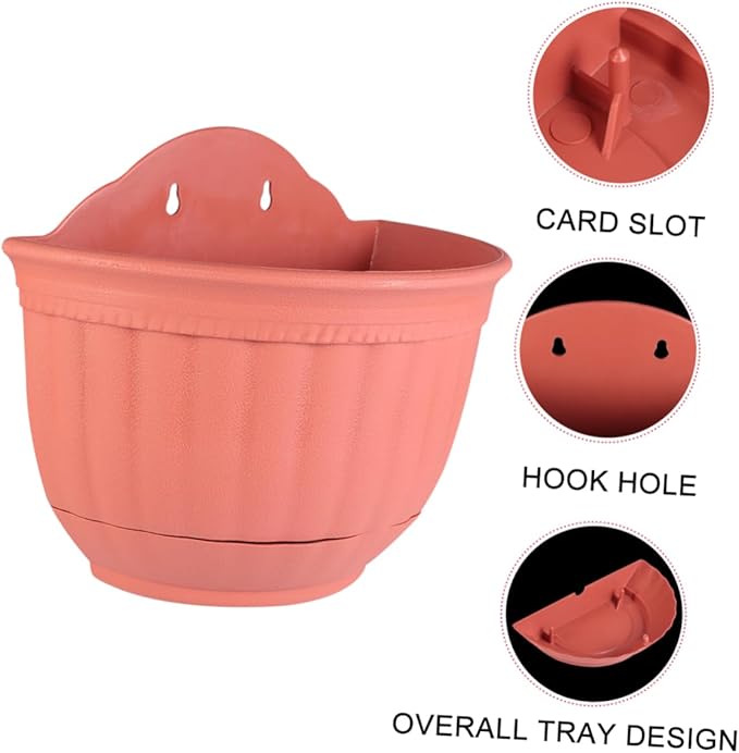 POPETPOP 2pcs Semi-Circular Imitation Leather Hanging Flower Planter Pot for Garden Decor Small Wall-Mounted Container for and Herbs Brick Red