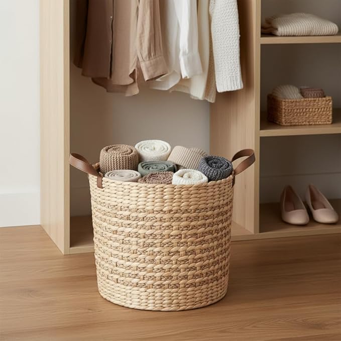 Isidore Water Hyacinth Storage Basket, Round Woven Design (Natural Brown, 15.7 x 15.7 x 11.8 in)