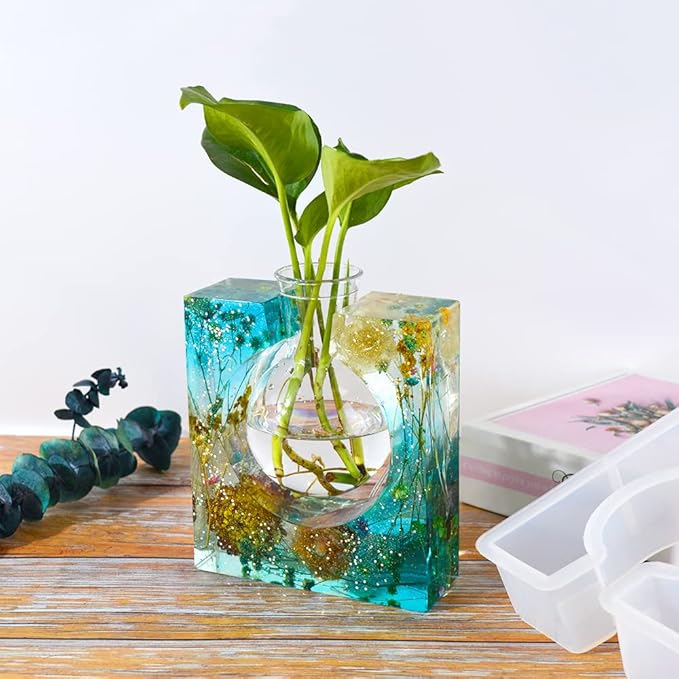 Plant Propagation Station Epoxy Resin Mold, Modern Square Geometric Vases Silicon Cement Moulds with Plastic Flower Plant Pot,Home Office Art Handmade