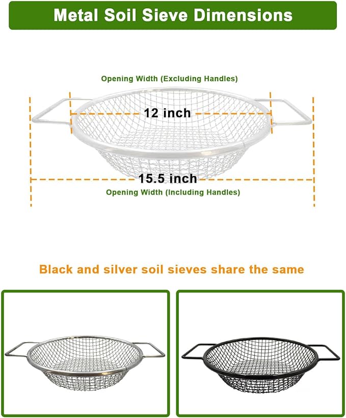 Dirt Soil Sifter for Gardening - 2Pcs Multi Mesh Size Set (1/8",1/4",) Heavy Duty Garden Sieve with Handles, Ideal for 5 Gallon Bucket Compost, Dirt, Sand, Gravel, Rocks & Sawdust Sifter