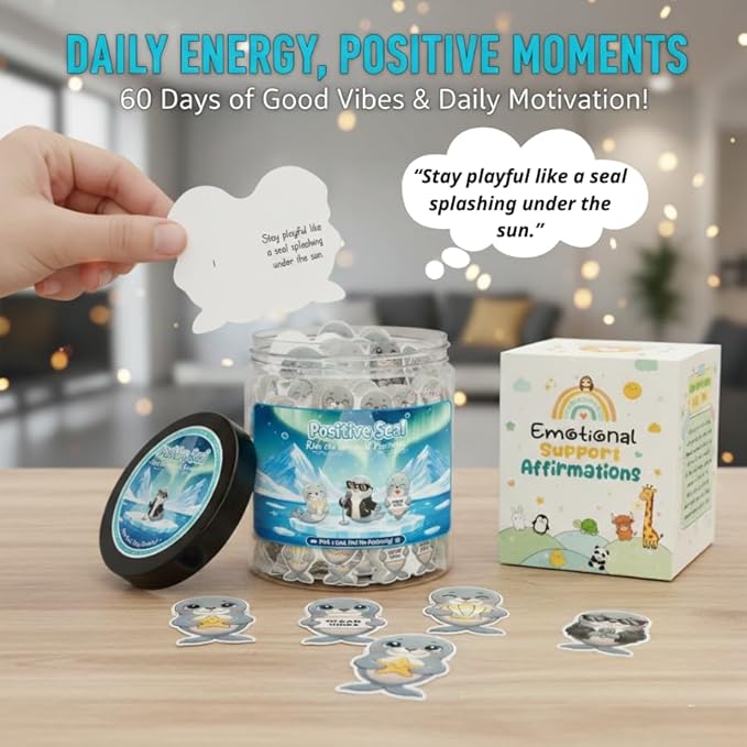 Positive Seal Jar with 60 Affirmation Cards, Emotional Support Seal, Teacher Appreciation Gift, Mental Health and Office Decor, Funny Gift for Boys and Birthdays