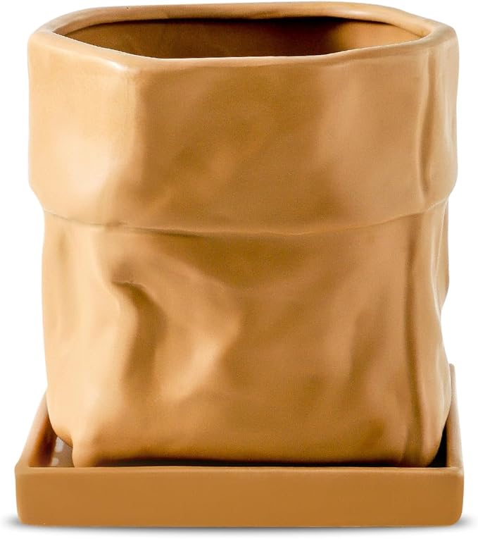 Nihow Ceramic Plant Pot: 6 Inch Planter with Drainage Hole & Square Saucer for Herbs/Plants, Bag Shape Design Flower Pot for Indoor & Outdoor Garden Decor - Terracota