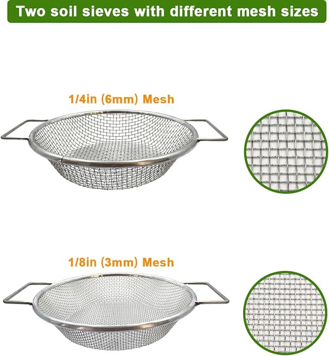 Dirt Soil Sifter for Gardening - 2Pcs Multi Mesh Size Set (1/8",1/4",) Heavy Duty Garden Sieve with Handles, Ideal for 5 Gallon Bucket Compost, Dirt, Sand, Gravel, Rocks & Sawdust Sifter