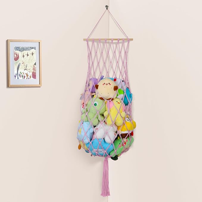 68 Inch Stuffed Animal Storage, Jumbo Macrame Stuffed Animal Hammock Corner, Wall Ceiling Hanging Stuffy Toy Hammock Plushie Net Display for Kids Boys Girls Nursery Decor (Pink)