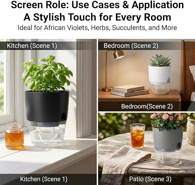 Vanavazon 6 Inch Self Watering Planter Pots for Indoor Plants, 3 Pack African Violet Pots with Wick Rope-Grey