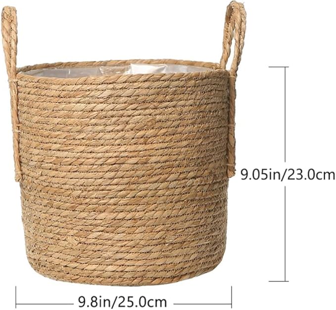Seagrass Basket Planters Flower Pots with Plastic Liner, Plant Containers Storage Holder Wicker Rattan Vase with Handle