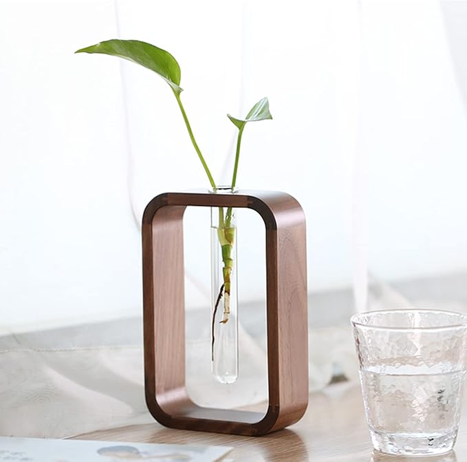 Transprent Glass Vase Test Tube Vase Hydrophilic Plants Vase Plant Holder Walnut Wooden Frame Flower Stand Table Garden Bonsai Decor,Gifts for Women, Home Office Decor Planter (Small)