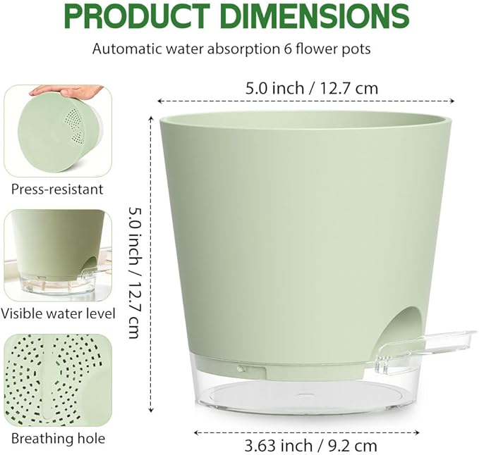 Self Watering Pots for Plants, 2026 New Flower Plant Pots with Drainage Holes, Wicking and Clear Reservoirs for Succulent, Aloe, Cacti and Others - 6 Pack (Green, 5")