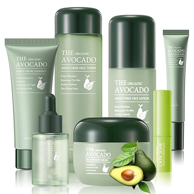 Avocado Skincare Kit, 7-In-1Skincare Gift Set, Skin Care Set With Facial Cleanser, Toner, Moisturizing Lotion, Eye Cream, Face Serum, Facial Cream, Lip Balm For Women Teen Daily Skin Care (7 Count)