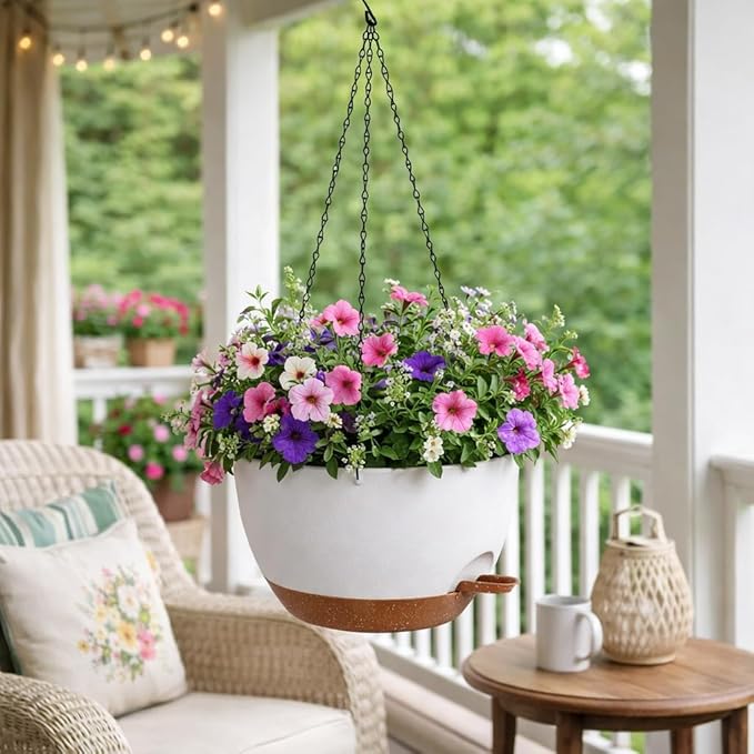 TYMENSH Hanging Plant Pots 12 inch Set of 2, Self Watering Hanging Planters with Drainage Holes, Indoor Outdoor Plastic Flower Pots with Hanging Chains for Balcony, Porch, Garden, Home Décor, White