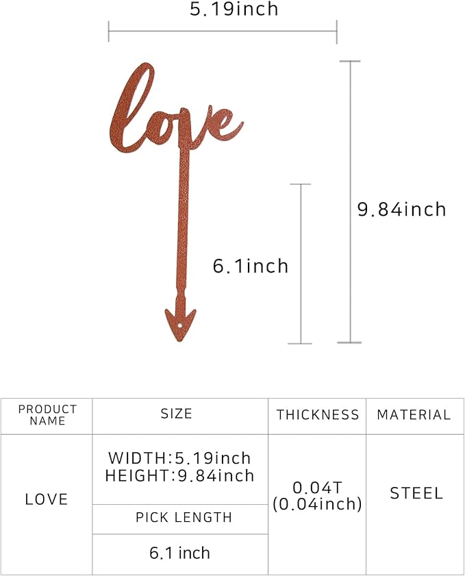 Love Text Metal Garden Stake – Powder-Coated Rustic Plant Pick for Pots & Planters, Indoor/Outdoor Decorative Accent