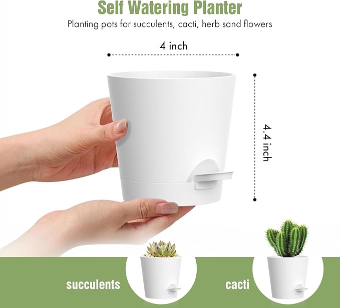 WSMKSZ 4 inch Self Watering Pots for Indoor Outdoor Plants, 6 Pack Plastic Flower Planters with Drainage Holes and Removable Saucers, Plant Pots with Wicking Rope, Modern Decor, White