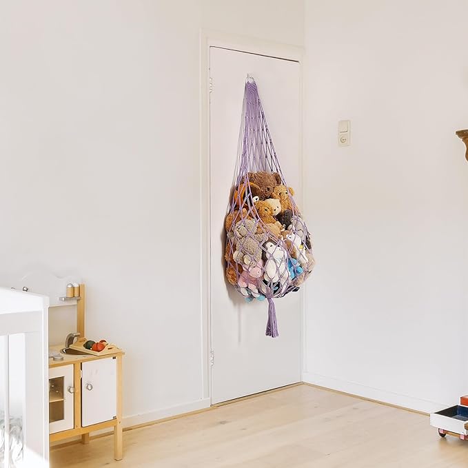 Amdermi Upgrade Stuffed Animal Hammock Corner or Wall Hanging Net for Stuffy Animal Storage Macrame Toy Display Over Door Toy Holder Kid Bedroom Decor Playroom Organizer (Purple XL)