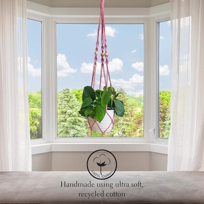 Macrame plant hanger 3ft beaded plant hanger for pots 4-8” for live plants indoor and outdoor decor hanging plant holder Boho décor Plant stand indoor Hanging planter for plant pots (Champagne Pink)