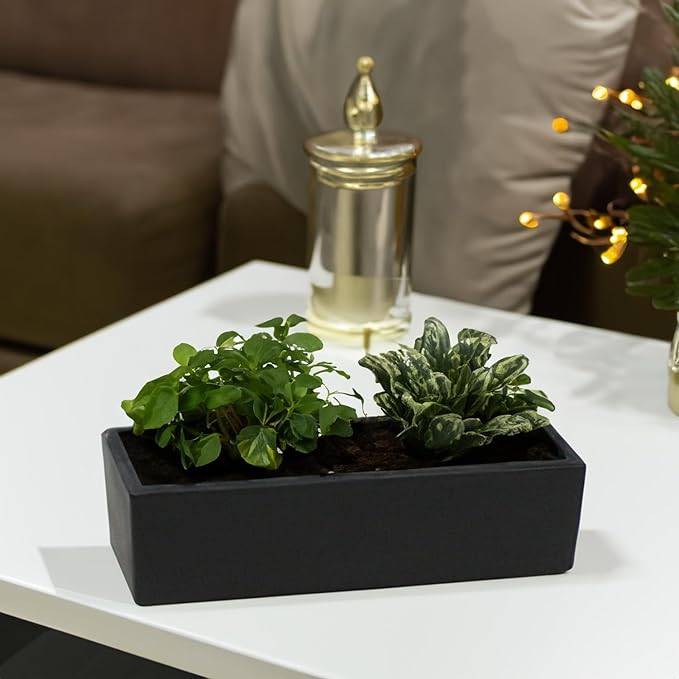 WGVI Long Rectangle Ceramic Planter Vase in Black 14" x 4" x 4"H, Rectangular Box Block Terrarium Pot, Flower Arrangement, Tabletop Centerpiece, Home Decor Organization Storage Container, 1 Pc.