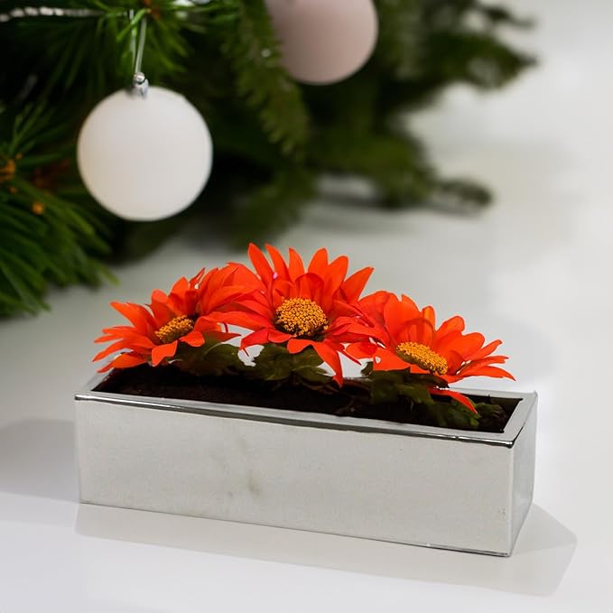 WGVI Long Rectangle Ceramic Planter Vase in Silver 14" x 4" x 4"H, Rectangular Box Block Terrarium Pot, Flower Arrangement, Tabletop Centerpiece, Home Decor Organization Storage Container, 4 Pcs