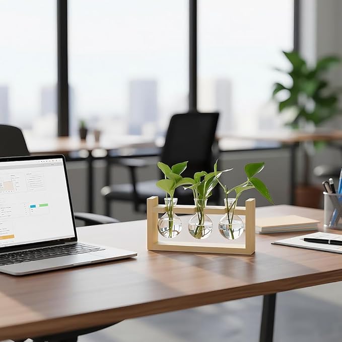 Plant Terrarium Desktop Glass Planter Hydroponics Vase,Plant Bulb Vase with Wooden Stand for Home Office Decoration