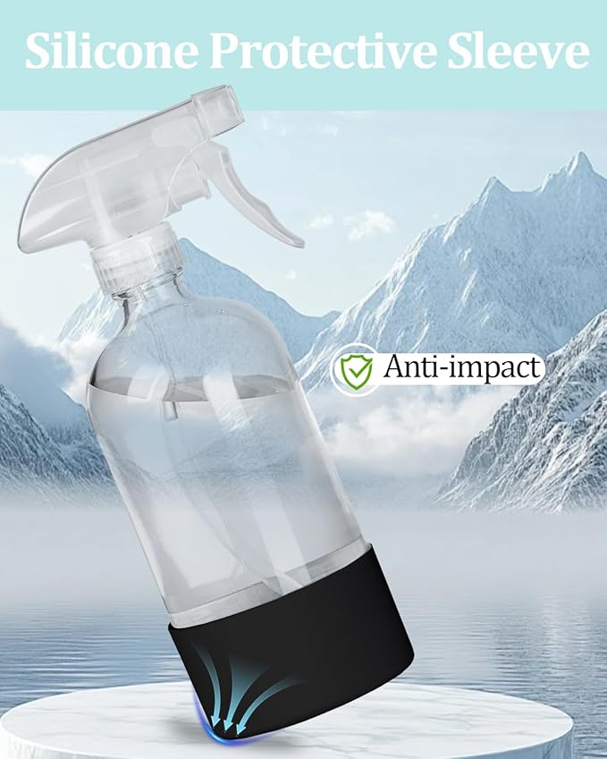 2 Pack 360° Glass Spray Bottles with Silicone Sleeve, 16 oz Empty Refillable Containers with Adjustable Spray Nozzles, Spray Bottles for Hair, Cleaning Solutions and Plants Black