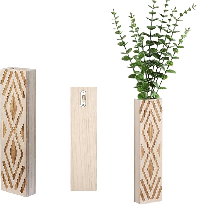 Wall Mounted Wooden Flower Vases Planter Geometric Pattern Hanging Floral Arrangements Container for Home Decors Natural Wood Vases Wall Decors
