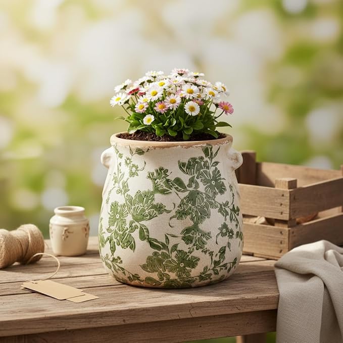 Xiaan Jiaju Ceramic Flower Vase Home Decor, Farmhouse Cottagecore Vases & Planting Pots with Drainage, English Cottage Kitchen Dining Table Decorations for House Living Room Bookshelf, Green