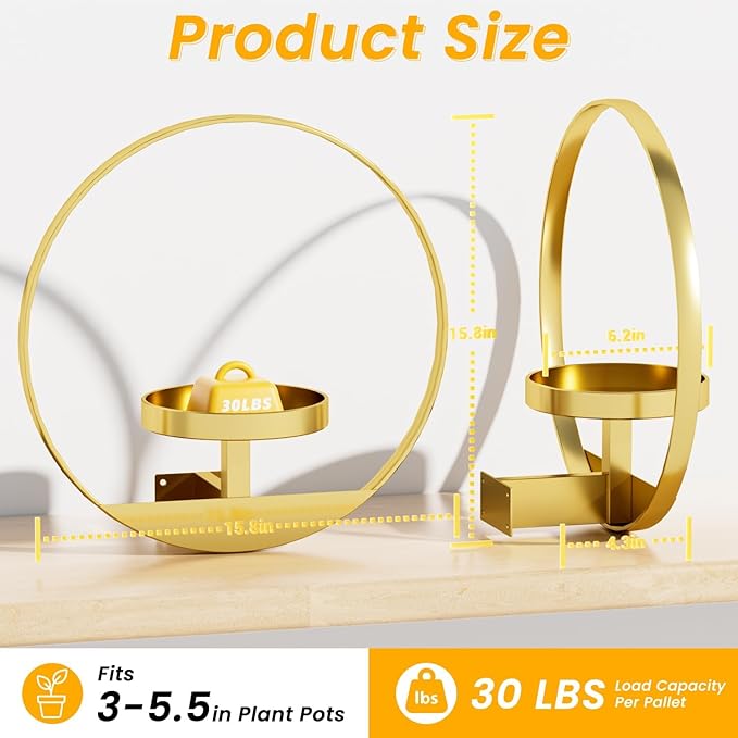 Wall Plant Shelf, Hanging Frame Decor Planter for Indoor Plants, Wall Mounted Plant Holder for Living Room/Entryway/Garden Flower Pot Holder Free Garden Shears (Circle-Gold, 2pcs)