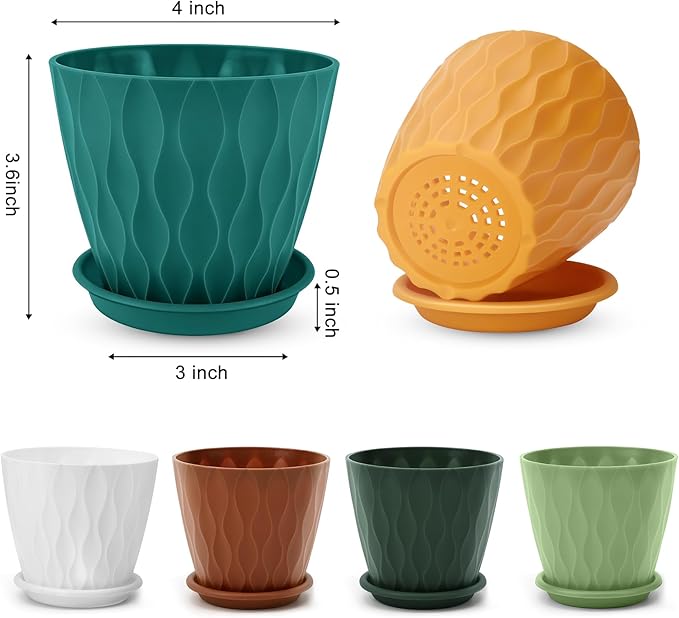 YNNICO 4 inch Plant Pots, 6 Pack Flower Pots Outdoor Indoor, Planters with Drainage Holes and Tray Saucers-Multicolor