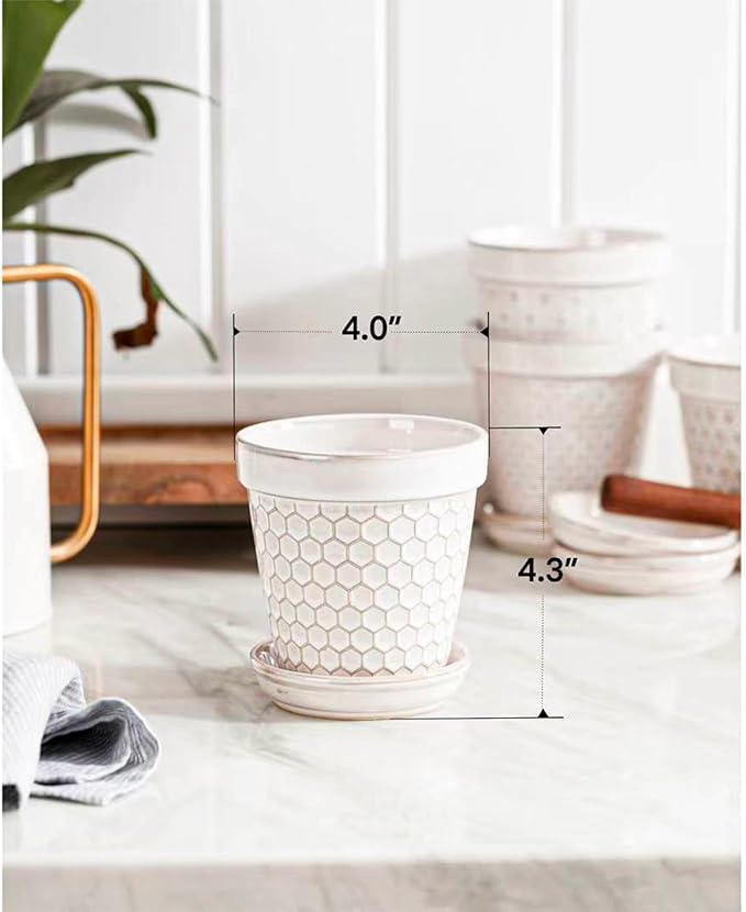 Ceramic Succulent Pots with Drainage Hole & Saucer, 4 Inch Small Plant Pots, Ceramic Planter for Indoor Plants, Embossed Flower Pots, Home Decor, Set of 4, Off-White