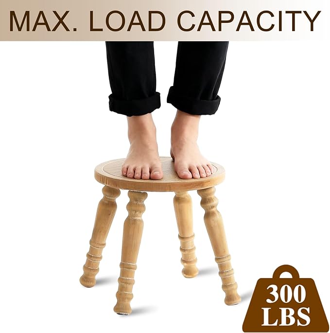 100% Solid Wooden Step Stool, Small Wooden Stool for Adults, Wood Plant Stools, Small Round Stool for Bathroom, Kitchen, Bedroom, Plant Stand