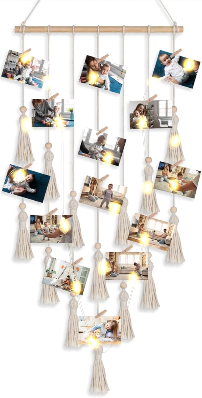 ANROYE Macrame Hanging Photo Display, Picture Holder with 30 Clips for Bedroom Wall, Polaroid Boho Gallery Hangers with LED Light String, Room Decor Gifts for 10 11 12 13 14 Year Old Teen Girl
