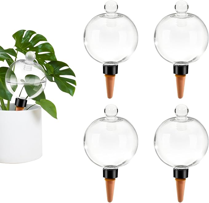 4pcs Plant Self Watering Globes with Covers, Plastic Water Bulbs Top Fill, Plant Watering Devices System Slow Release Terracotta, Water Spikes Stakes for Indoor (4)